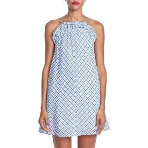 Corey Lynn Calter The Harper Dress Large Blue White Grey Small Square Print